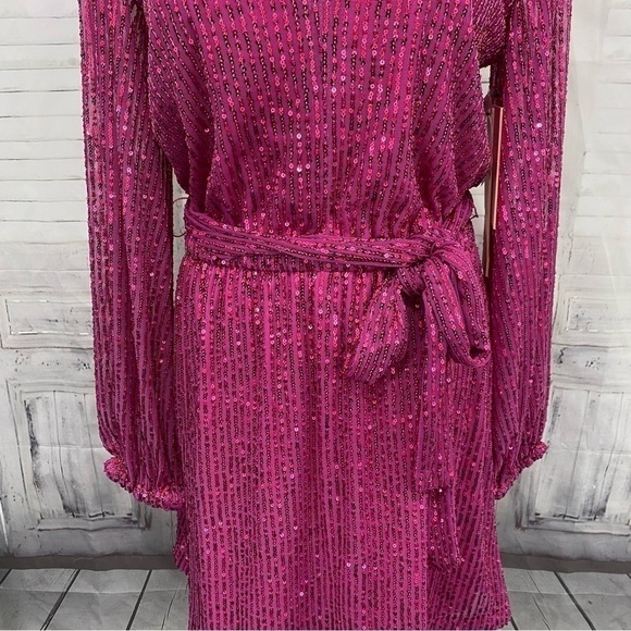 LDT Size 6 Pink Sequined Long Sleeve Short Dress Belted Pockets Cocktail A-Line - Picture 6 of 16
